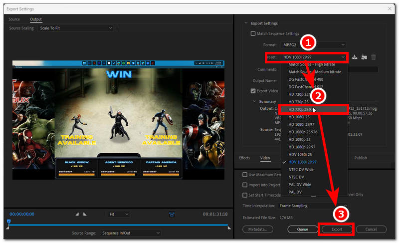 Voreinstellung ändern und dann exportieren