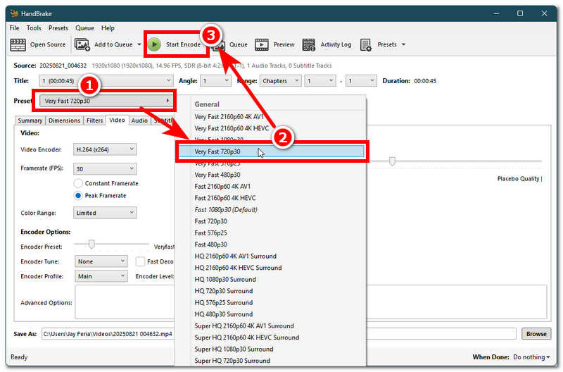 Voreinstellung ändern, dann Codierung starten