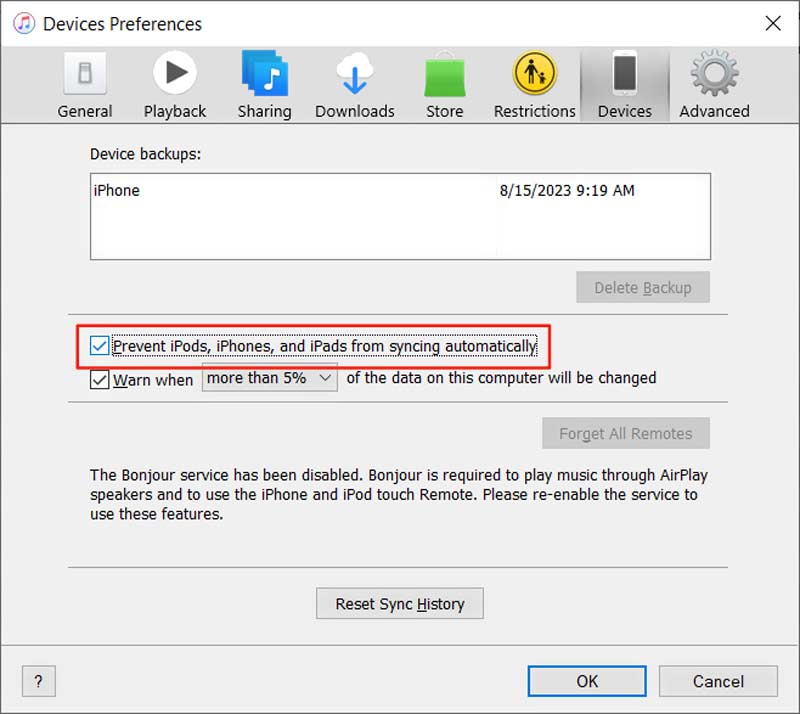 iTunes-Geräteeinstellungen verhindern die Synchronisierung des iPhone