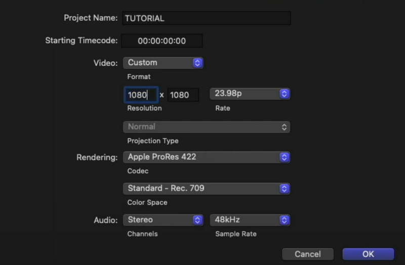 Final Cut Pro Videoauflösung ändern Benutzerdefiniert