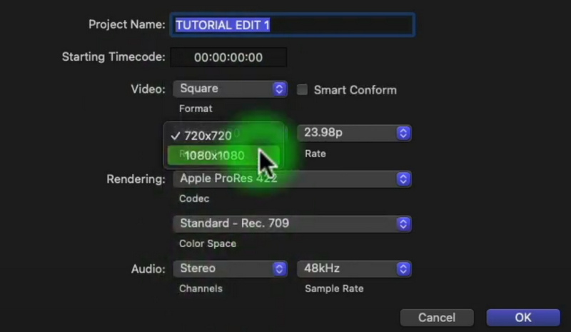 Final Cut Pro – Videoauflösung ändern – Quadrat