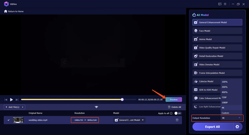 Hochskalieren von 1080p auf 4k mit Vidhex Ai Video Enhancer